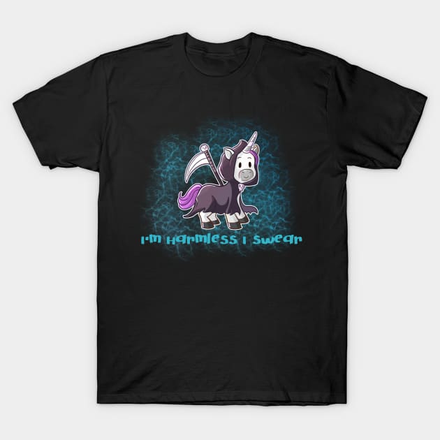 Grim Reaper Unicorn "I'm Harmless, I Swear" T-Shirt by Wanderer Bat